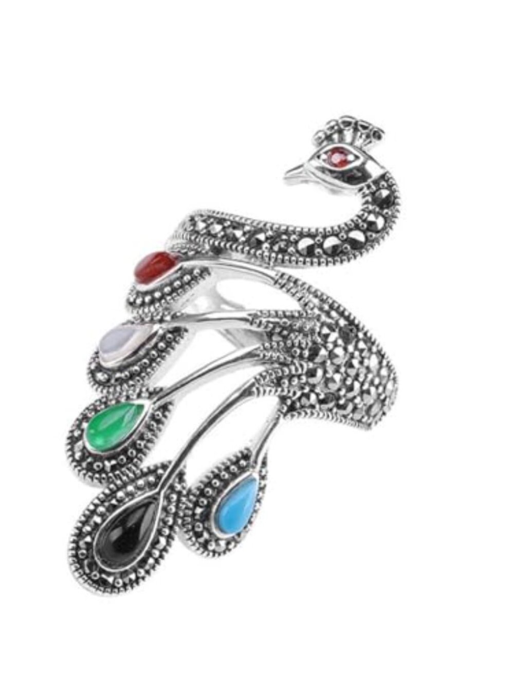 Vintage Peacock Statement Wrap Open Rings Sterling Silver Plated Statement